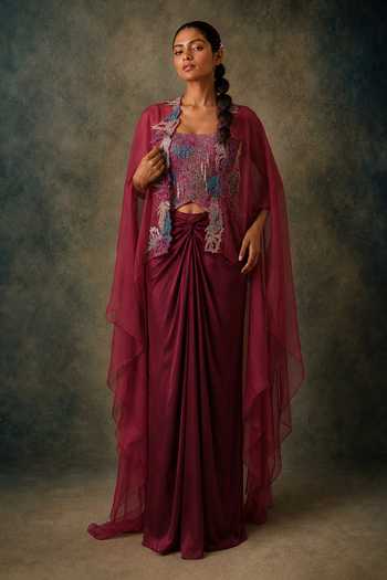 Vrinda Soni Wine Silk Organza, Satin Shawl Neck, Cascade Embroidered Bustier Skirt Set Online at Aza Fashions Vrinda Soni_Wine Silk Organza, Satin Shawl Neck, Cascade Embroidered Bustier Skirt Set _Online_at_Aza_Fashions