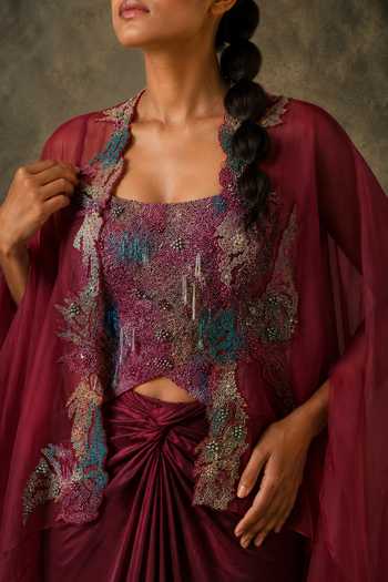 Buy Vrinda Soni Wine Silk Organza, Satin Shawl Neck, Cascade Embroidered Bustier Skirt Set Online at Aza Fashions Buy_Vrinda Soni_Wine Silk Organza, Satin Shawl Neck, Cascade Embroidered Bustier Skirt Set _Online_at_Aza_Fashions