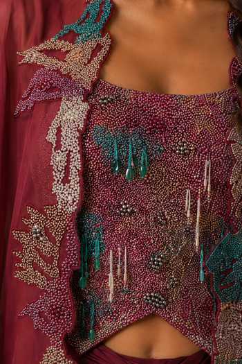 Shop Vrinda Soni Wine Silk Organza, Satin Shawl Neck, Cascade Embroidered Bustier Skirt Set Online at Aza Fashions Shop_Vrinda Soni_Wine Silk Organza, Satin Shawl Neck, Cascade Embroidered Bustier Skirt Set _Online_at_Aza_Fashions
