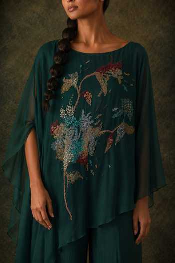 Buy Vrinda Soni Emerald Green Georgette, Satin Round Neck Wisp Embroidered Cape Set Online at Aza Fashions Buy_Vrinda Soni_Emerald Green Georgette, Satin Round Neck Wisp Embroidered Cape Set _Online_at_Aza_Fashions