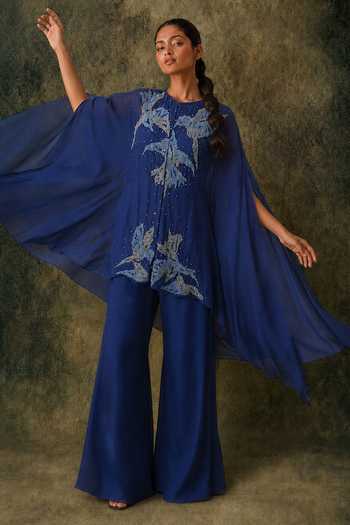 Vrinda Soni Blue Georgette, Satin Round Neck Wander Embroidered Cape Set Online at Aza Fashions Vrinda Soni_Blue Georgette, Satin Round Neck Wander Embroidered Cape Set _Online_at_Aza_Fashions