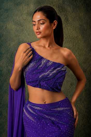 Vrinda Soni Purple Crepe One Shoulder Solstice Blouse And Lehenga Set Online at Aza Fashions Vrinda Soni_Purple Crepe One Shoulder Solstice Blouse And Lehenga Set _Online_at_Aza_Fashions