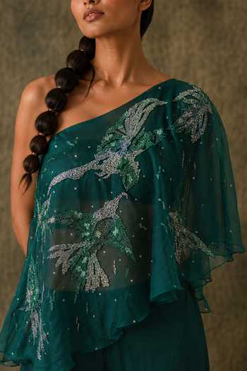 Vrinda Soni Emerald Green Silk Organza, Satin One Shoulder Canopy Cape Pant Set Online at Aza Fashions Vrinda Soni_Emerald Green Silk Organza, Satin One Shoulder Canopy Cape Pant Set _Online_at_Aza_Fashions