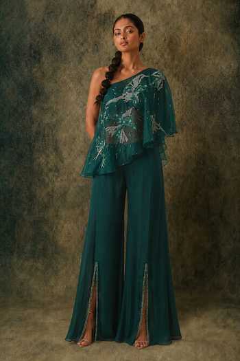 Shop Vrinda Soni Emerald Green Silk Organza, Satin One Shoulder Canopy Cape Pant Set Online at Aza Fashions Shop_Vrinda Soni_Emerald Green Silk Organza, Satin One Shoulder Canopy Cape Pant Set _Online_at_Aza_Fashions