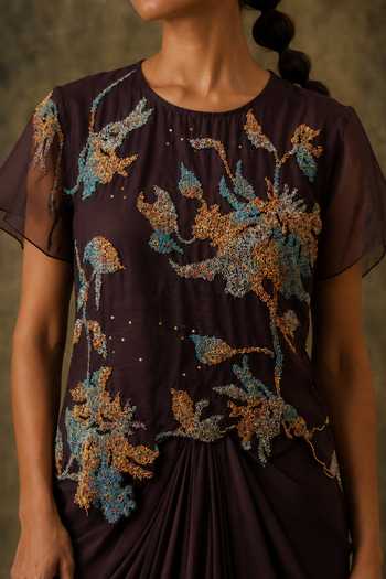 Vrinda Soni Brown Silk Organza, Satin Round Neck Reverie Draped Skirt Set Online at Aza Fashions Vrinda Soni_Brown Silk Organza, Satin Round Neck Reverie Draped Skirt Set _Online_at_Aza_Fashions