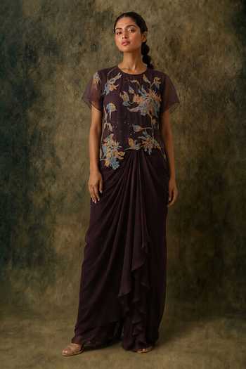 Buy Vrinda Soni Brown Silk Organza, Satin Round Neck Reverie Draped Skirt Set Online at Aza Fashions Buy_Vrinda Soni_Brown Silk Organza, Satin Round Neck Reverie Draped Skirt Set _Online_at_Aza_Fashions