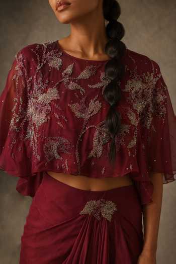 Vrinda Soni Wine Silk Organza, Satin Round , Bandeau Sway Embroidered Cape Set Online at Aza Fashions Vrinda Soni_Wine Silk Organza, Satin Round , Bandeau Sway Embroidered Cape Set _Online_at_Aza_Fashions