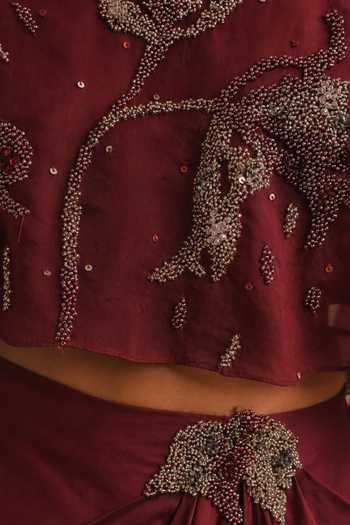 Buy Vrinda Soni Wine Silk Organza, Satin Round , Bandeau Sway Embroidered Cape Set Online at Aza Fashions Buy_Vrinda Soni_Wine Silk Organza, Satin Round , Bandeau Sway Embroidered Cape Set _Online_at_Aza_Fashions