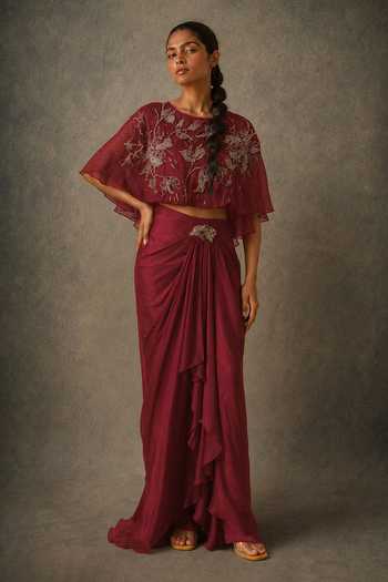 Shop Vrinda Soni Wine Silk Organza, Satin Round , Bandeau Sway Embroidered Cape Set Online at Aza Fashions Shop_Vrinda Soni_Wine Silk Organza, Satin Round , Bandeau Sway Embroidered Cape Set _Online_at_Aza_Fashions