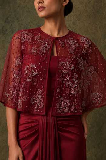 Vrinda Soni Wine Tulle, Satin Round Neck, Keyhole Neck, Bandeau Flutter Draped Skirt Set Online at Aza Fashions Vrinda Soni_Wine Tulle, Satin Round Neck, Keyhole Neck, Bandeau Flutter Draped Skirt Set _Online_at_Aza_Fashions