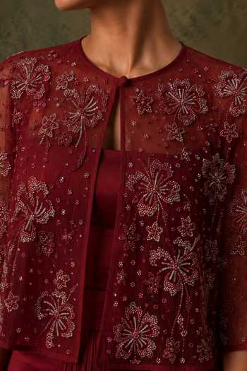 Buy Vrinda Soni Wine Tulle, Satin Round Neck, Keyhole Neck, Bandeau Flutter Draped Skirt Set Online at Aza Fashions Buy_Vrinda Soni_Wine Tulle, Satin Round Neck, Keyhole Neck, Bandeau Flutter Draped Skirt Set _Online_at_Aza_Fashions