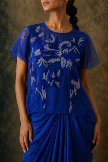 Vrinda Soni Blue Silk Organza, Satin Round Neck Flicker Embroidered Top And Draped Skirt Set Online at Aza Fashions Vrinda Soni_Blue Silk Organza, Satin Round Neck Flicker Embroidered Top And Draped Skirt Set _Online_at_Aza_Fashions