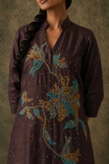Vrinda Soni Brown Dupion, Satin Mandarin Collar, Yes Wisp Embroidered Kurta And Pant Set Online at Aza Fashions Vrinda Soni_Brown Dupion, Satin Mandarin Collar, Yes Wisp Embroidered Kurta And Pant Set _Online_at_Aza_Fashions