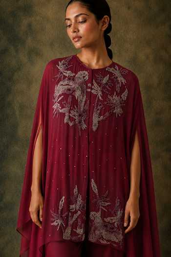 Vrinda Soni Wine Georgette, Satin Round Neck Murmur Embroidered Cape Set Online at Aza Fashions Vrinda Soni_Wine Georgette, Satin Round Neck Murmur Embroidered Cape Set _Online_at_Aza_Fashions