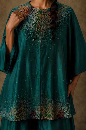 Buy Vrinda Soni Emerald Green Chanderi Round Neck Mist Embroidered Jacket And Pant Set Online at Aza Fashions Buy_Vrinda Soni_Emerald Green Chanderi Round Neck Mist Embroidered Jacket And Pant Set _Online_at_Aza_Fashions