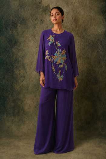 Buy Vrinda Soni Purple Georgette, Satin Round Neck Sway Embroidered Kurta And Pant Set Online at Aza Fashions Buy_Vrinda Soni_Purple Georgette, Satin Round Neck Sway Embroidered Kurta And Pant Set _Online_at_Aza_Fashions