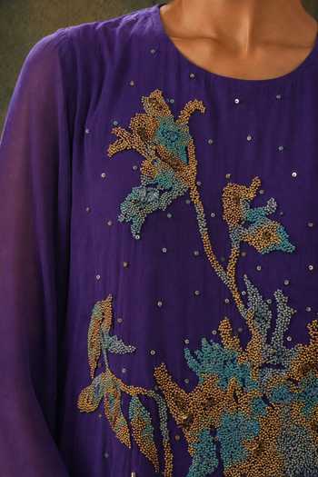 Shop Vrinda Soni Purple Georgette, Satin Round Neck Sway Embroidered Kurta And Pant Set Online at Aza Fashions Shop_Vrinda Soni_Purple Georgette, Satin Round Neck Sway Embroidered Kurta And Pant Set _Online_at_Aza_Fashions