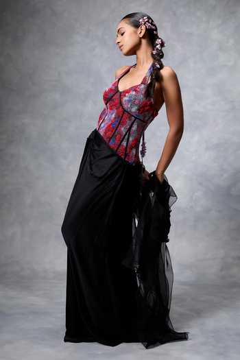 Vrinda Soni Red Crepe, Silk Organza Beads, Crystals Trickle Embroidered Corset Skirt Set Online at Aza Fashions Vrinda Soni_Red Crepe, Silk Organza Beads, Crystals Trickle Embroidered Corset Skirt Set _Online_at_Aza_Fashions