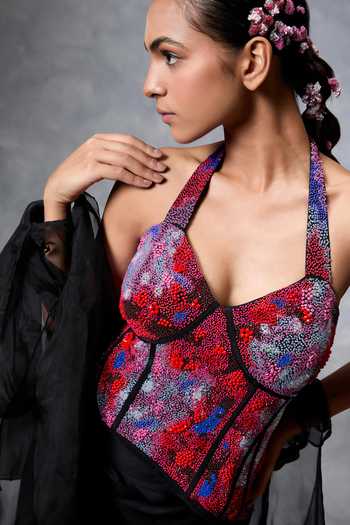 Buy Vrinda Soni Red Crepe, Silk Organza Beads, Crystals Trickle Embroidered Corset Skirt Set Online at Aza Fashions Buy_Vrinda Soni_Red Crepe, Silk Organza Beads, Crystals Trickle Embroidered Corset Skirt Set _Online_at_Aza_Fashions