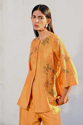 Vrinda Soni Gold Chanderi Round Neck Gilded Embroidered Jacket And Sharara Set Online at Aza Fashions Vrinda Soni_Gold Chanderi Round Neck Gilded Embroidered Jacket And Sharara Set _Online_at_Aza_Fashions