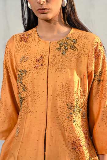 Buy Vrinda Soni Gold Chanderi Round Neck Gilded Embroidered Jacket And Sharara Set Online at Aza Fashions Buy_Vrinda Soni_Gold Chanderi Round Neck Gilded Embroidered Jacket And Sharara Set _Online_at_Aza_Fashions