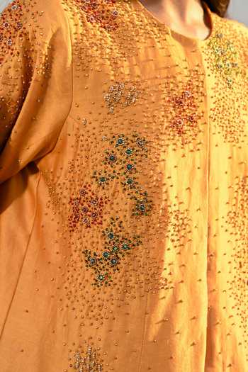 Shop Vrinda Soni Gold Chanderi Round Neck Gilded Embroidered Jacket And Sharara Set Online at Aza Fashions Shop_Vrinda Soni_Gold Chanderi Round Neck Gilded Embroidered Jacket And Sharara Set _Online_at_Aza_Fashions