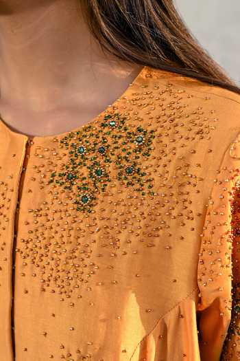Vrinda Soni Gold Chanderi Round Neck Gilded Embroidered Jacket And Sharara Set at Aza Fashions Vrinda Soni_Gold Chanderi Round Neck Gilded Embroidered Jacket And Sharara Set _at_Aza_Fashions