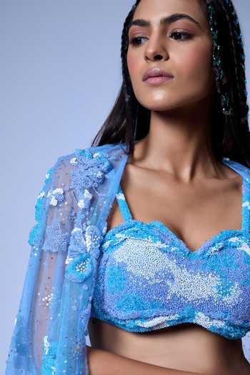 Buy Vrinda Soni Blue Tulle, Satin Sweetheart Neck Floral Burst Cape Lehenga Set Online at Aza Fashions Buy_Vrinda Soni_Blue Tulle, Satin Sweetheart Neck Floral Burst Cape Lehenga Set _Online_at_Aza_Fashions