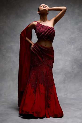 Vrinda Soni Red Crepe One Shoulder Sculpted Embroidered Lehenga And Blouse Set Online at Aza Fashions Vrinda Soni_Red Crepe One Shoulder Sculpted Embroidered Lehenga And Blouse Set _Online_at_Aza_Fashions