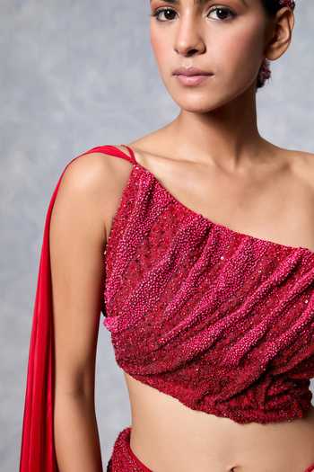 Buy Vrinda Soni Red Crepe One Shoulder Sculpted Embroidered Lehenga And Blouse Set Online at Aza Fashions Buy_Vrinda Soni_Red Crepe One Shoulder Sculpted Embroidered Lehenga And Blouse Set _Online_at_Aza_Fashions