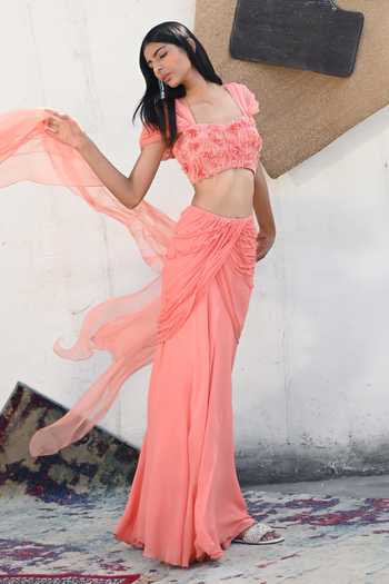 Vrinda Soni Peach Crepe, Silk Organza, Georgette Blossom Embroidered Blouse Draped Skirt Set Online at Aza Fashions Vrinda Soni_Peach Crepe, Silk Organza, Georgette Blossom Embroidered Blouse Draped Skirt Set _Online_at_Aza_Fashions