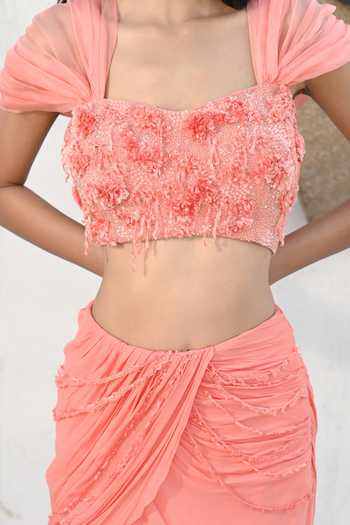 Buy Vrinda Soni Peach Crepe, Silk Organza, Georgette Blossom Embroidered Blouse Draped Skirt Set Online at Aza Fashions Buy_Vrinda Soni_Peach Crepe, Silk Organza, Georgette Blossom Embroidered Blouse Draped Skirt Set _Online_at_Aza_Fashions