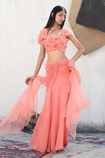 Vrinda Soni Blossom Embroidered Blouse Draped Skirt Set 