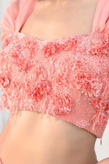 Vrinda Soni Peach Crepe, Silk Organza, Georgette Blossom Embroidered Blouse Draped Skirt Set at Aza Fashions Vrinda Soni_Peach Crepe, Silk Organza, Georgette Blossom Embroidered Blouse Draped Skirt Set _at_Aza_Fashions
