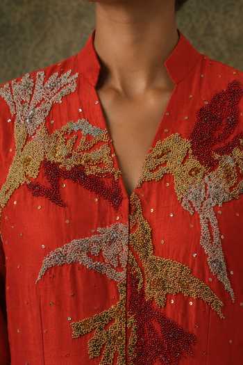 Buy Vrinda Soni Orange Dupion, Satin Mandarin Collar Wander Embroidered Kurta And Pant Set Online at Aza Fashions Buy_Vrinda Soni_Orange Dupion, Satin Mandarin Collar Wander Embroidered Kurta And Pant Set _Online_at_Aza_Fashions