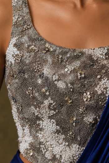 Buy Vrinda Soni Blue Satin, Tulle Scoop Neck Glint Pre-draped Saree With Embroidered Blouse Online at Aza Fashions Buy_Vrinda Soni_Blue Satin, Tulle Scoop Neck Glint Pre-draped Saree With Embroidered Blouse _Online_at_Aza_Fashions