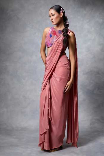 Vrinda Soni Pink Crepe Boat Neck Sprinkle Pre-draped Saree With Embroidered Blouse Online at Aza Fashions Vrinda Soni_Pink Crepe Boat Neck Sprinkle Pre-draped Saree With Embroidered Blouse _Online_at_Aza_Fashions