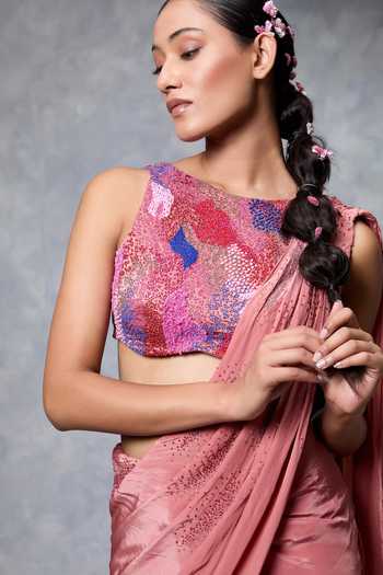 Buy Vrinda Soni Pink Crepe Boat Neck Sprinkle Pre-draped Saree With Embroidered Blouse Online at Aza Fashions Buy_Vrinda Soni_Pink Crepe Boat Neck Sprinkle Pre-draped Saree With Embroidered Blouse _Online_at_Aza_Fashions