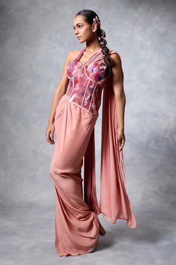 Vrinda Soni Pink Crepe Beads, Crystals Sweetheart Neck Sprinkle Pre-draped Saree With Corset Online at Aza Fashions Vrinda Soni_Pink Crepe Beads, Crystals Sweetheart Neck Sprinkle Pre-draped Saree With Corset _Online_at_Aza_Fashions