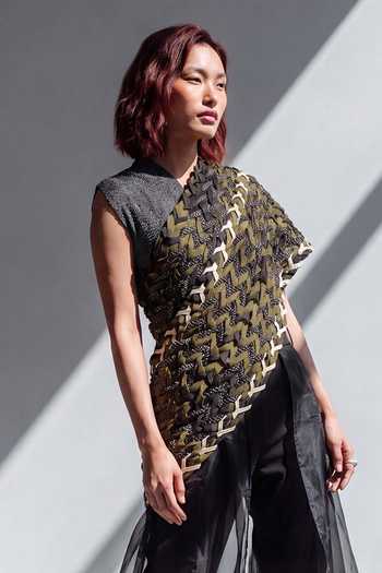 Devina Juneja_Black , Crepe, Organza High Neck Magnolia Pant Saree With Corded Blouse _Online_at_Aza_Fashions