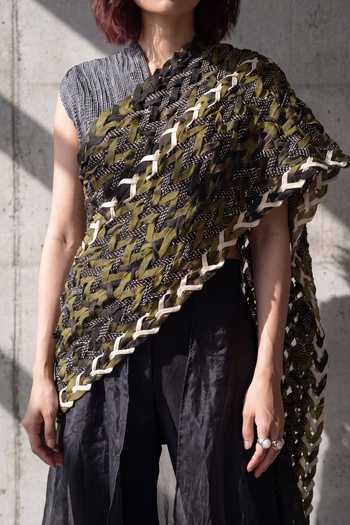 Buy_Devina Juneja_Black , Crepe, Organza High Neck Magnolia Pant Saree With Corded Blouse _Online_at_Aza_Fashions