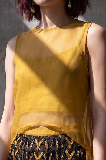 Devina Juneja Yellow Organza Round Neck Daisy Highlow Top Online at Aza Fashions Devina Juneja_Yellow Organza Round Neck Daisy Highlow Top _Online_at_Aza_Fashions