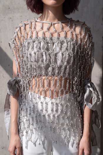Buy Devina Juneja Silver Leather, Taffeta Round Neck, Bandeau Hamptons Lace Embellished Bib Top Online at Aza Fashions Buy_Devina Juneja_Silver Leather, Taffeta Round Neck, Bandeau Hamptons Lace Embellished Bib Top _Online_at_Aza_Fashions
