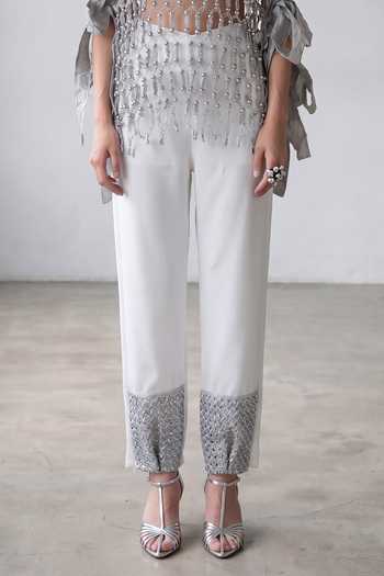 Devina Juneja White Scuba Hampton Embellished Pant Online at Aza Fashions Devina Juneja_White Scuba Hampton Embellished Pant _Online_at_Aza_Fashions