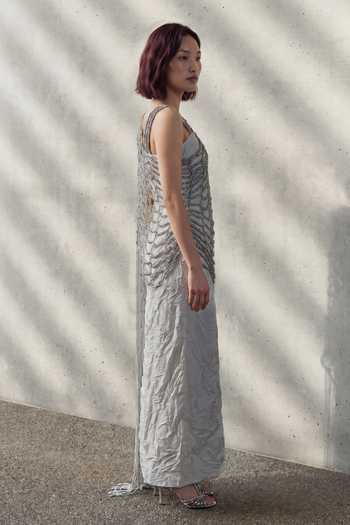Shop Devina Juneja Silver Silk, Taffeta One Shoulder Hamptons Draped Dress at Aza Fashions Shop_Devina Juneja_Silver Silk, Taffeta One Shoulder Hamptons Draped Dress _at_Aza_Fashions