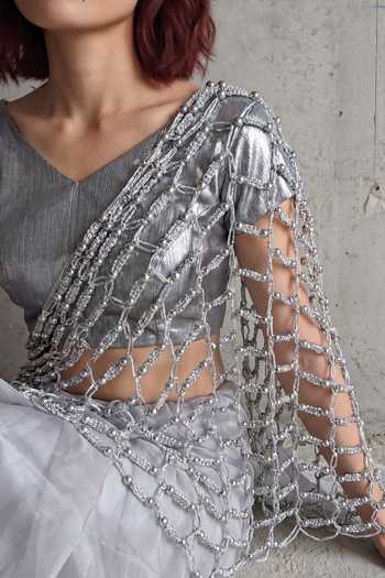 Buy Devina Juneja Silver Crepe, Silk, Hamptons Pre-draped Saree Set With Embroidered Blouse Online at Aza Fashions Buy_Devina Juneja_Silver Crepe, Silk, Hamptons Pre-draped Saree Set With Embroidered Blouse _Online_at_Aza_Fashions