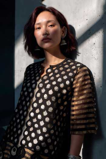 Devina Juneja_Grey Taffeta V-neck Banarasi Woven Dress _Online_at_Aza_Fashions