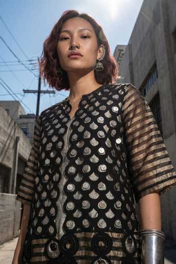 Buy_Devina Juneja_Grey Taffeta V-neck Banarasi Woven Dress _Online_at_Aza_Fashions