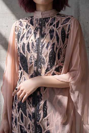 Devina Juneja Peach Georgette, Crepe High Neck Iris Printed Zip Dress Online at Aza Fashions Devina Juneja_Peach Georgette, Crepe High Neck Iris Printed Zip Dress _Online_at_Aza_Fashions