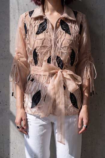 Devina Juneja Peach Organza, Satin Collared Neck, Square Iris Embroidered Top With Bustier Online at Aza Fashions Devina Juneja_Peach Organza, Satin Collared Neck, Square Iris Embroidered Top With Bustier _Online_at_Aza_Fashions
